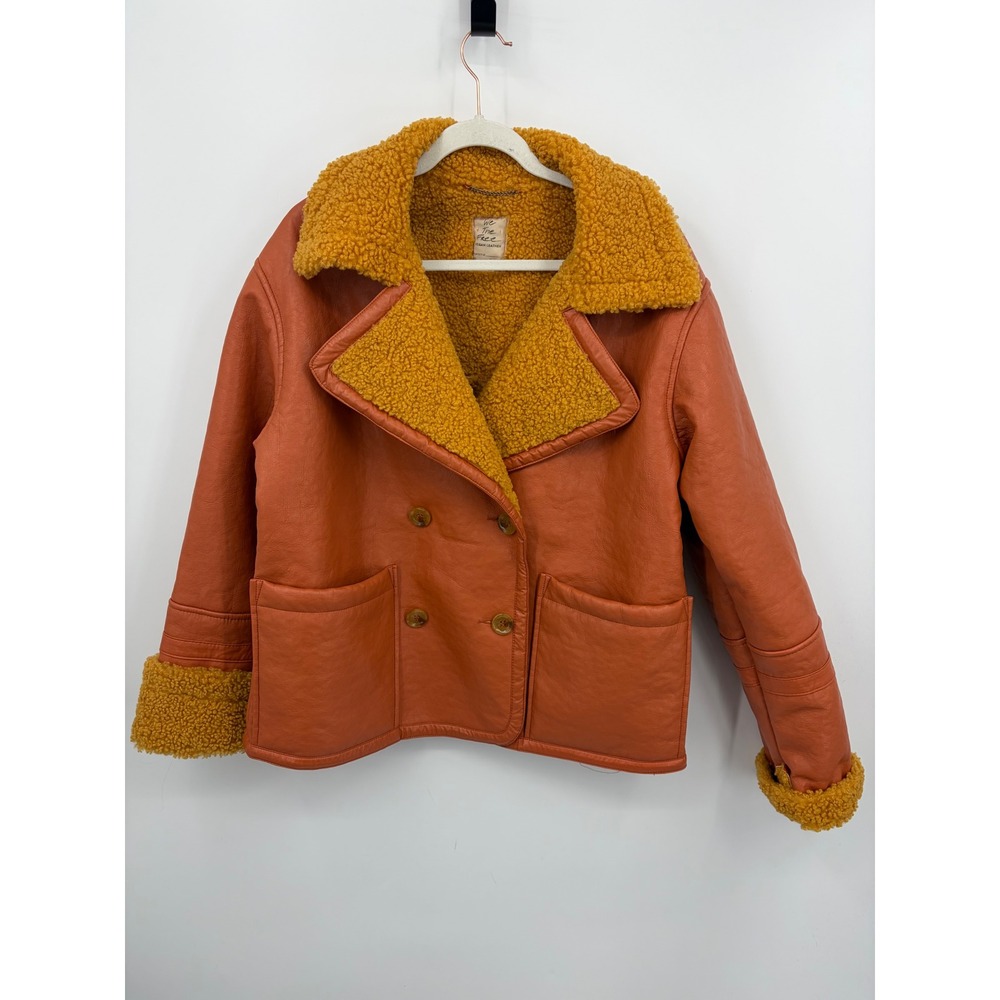 We The Free Free People kaja Vegan Leather Jacket sz Small Orange Shearling Coat
